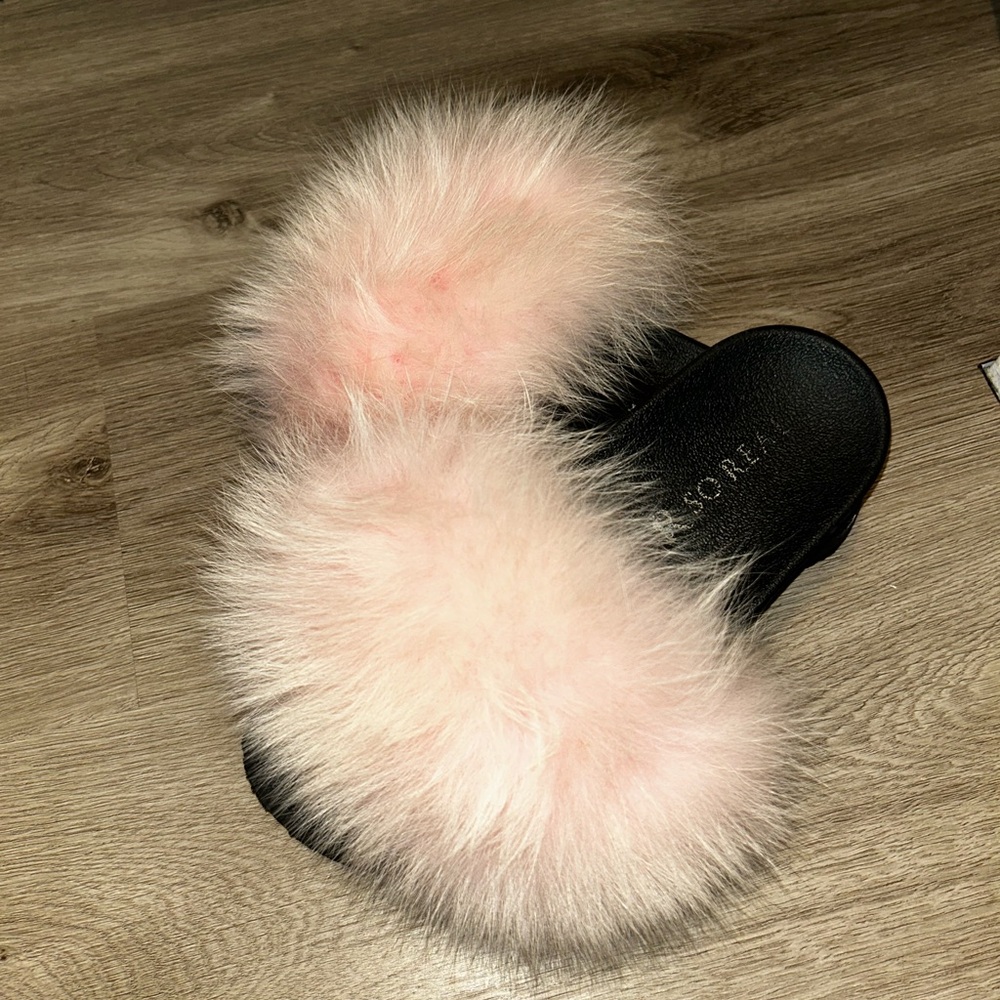 So Real Furry Pink and Black Women's Slides